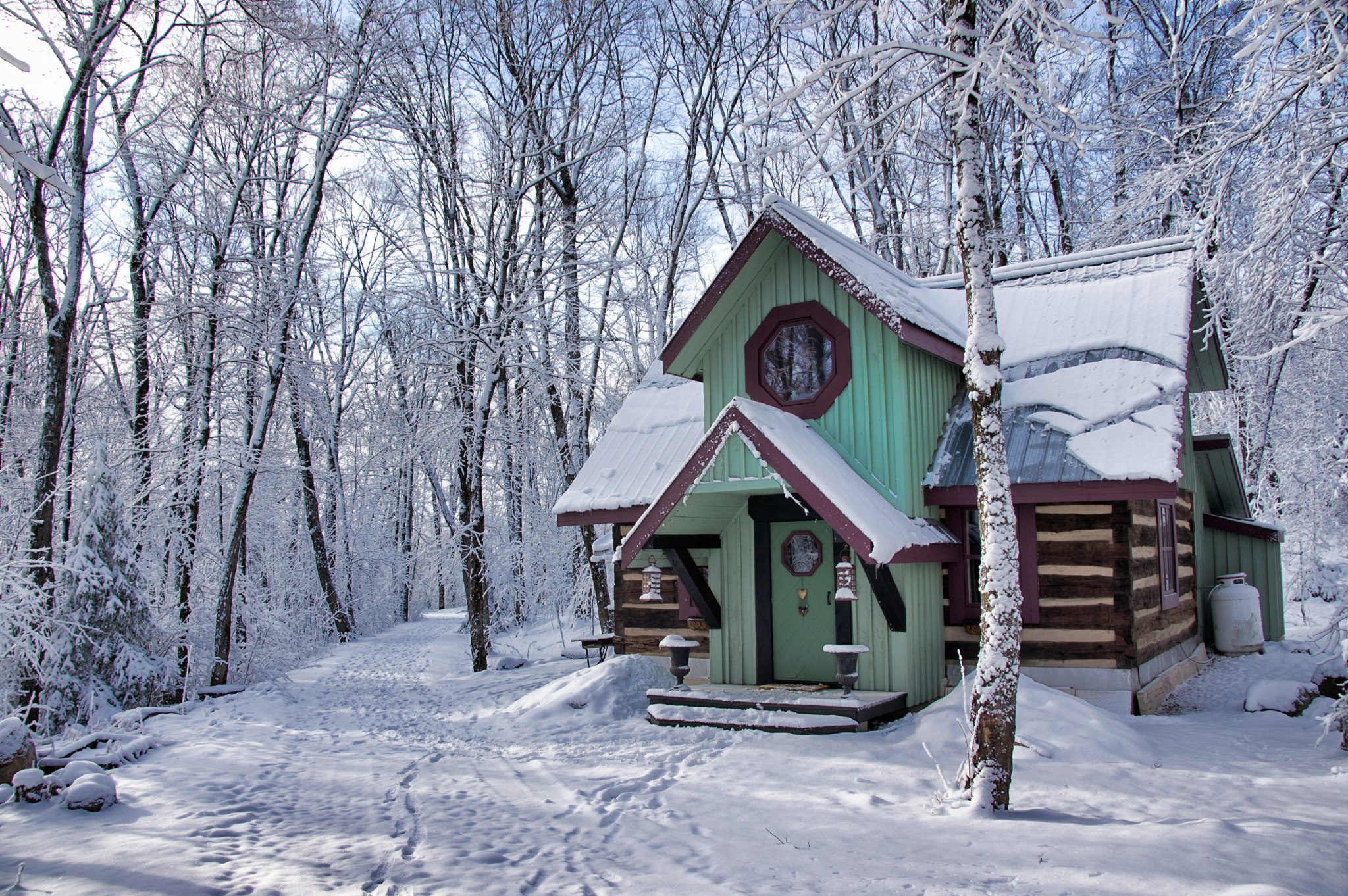 Highlander House log cabin nestled in the winter forest